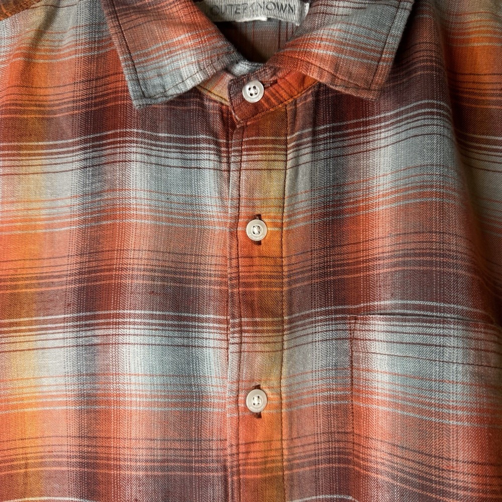 Outerknown Shirt Mens Medium Rust Orange Blue Gray Plaid Casual Surf Linen - Picture 4 of 7